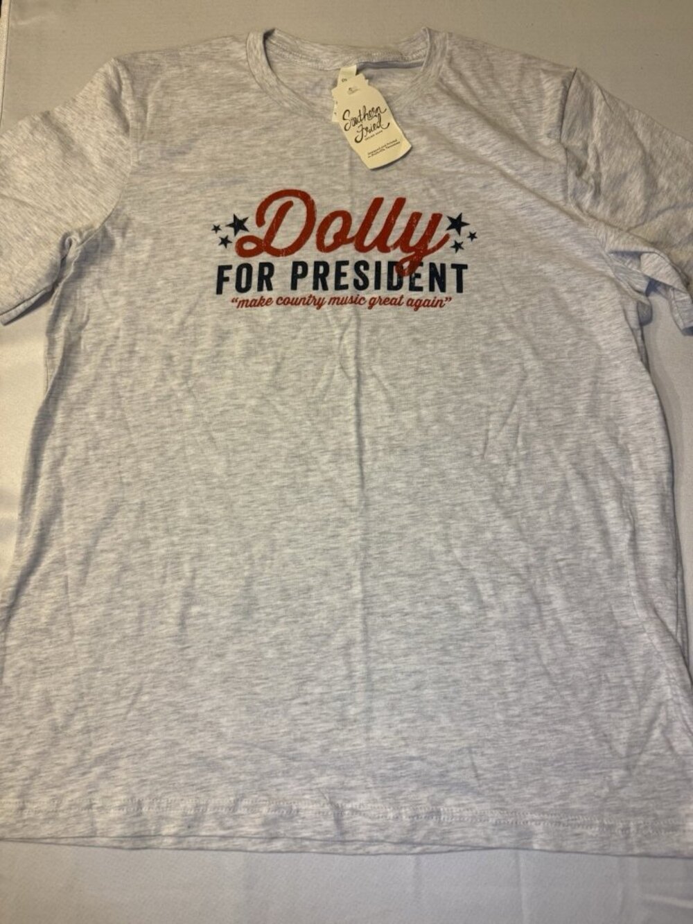 New With Tags Women's Dolly T-shirt Light Grey With Black and Red Writing Size L